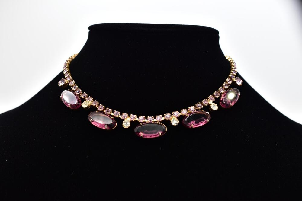 Vintage Purple Rhinestone Bezel Prong Crystal Choker Necklace Collar Gold 60s 9J